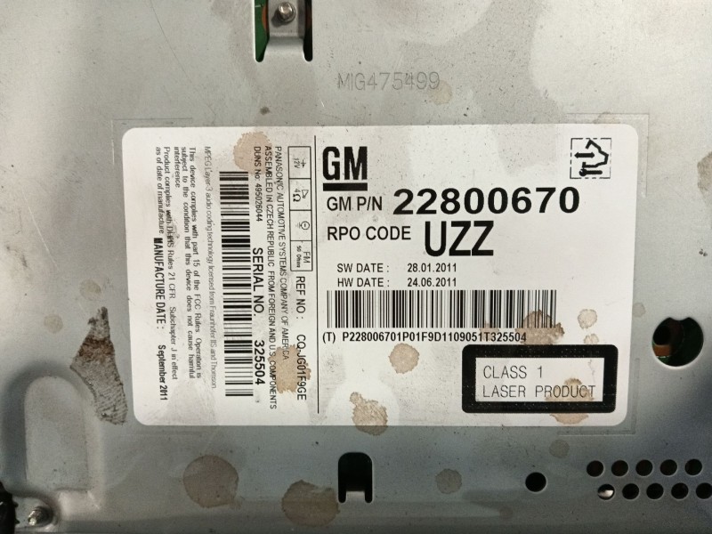 Recambio de sistema audio / radio cd para opel astra j (p10) 1.7 cdti (68) referencia OEM IAM 22800670  