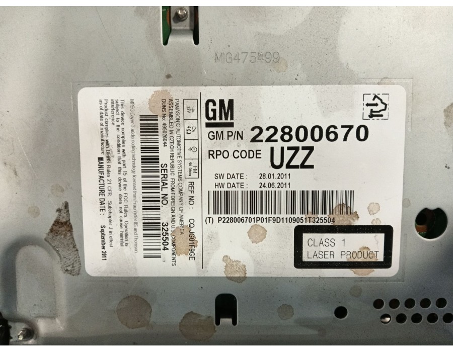 Recambio de sistema audio / radio cd para opel astra j (p10) 1.7 cdti (68) referencia OEM IAM 22800670  
