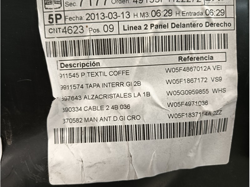 Recambio de guarnecido puerta delantera derecha para seat leon (5f1) 1.6 tdi referencia OEM IAM 5F4867132  