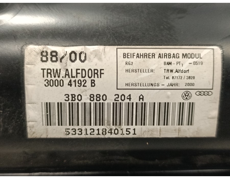 Recambio de airbag delantero derecho para volkswagen passat berlina (3b2) 2.5 v6 tdi referencia OEM IAM 3B0880204A  30004192B