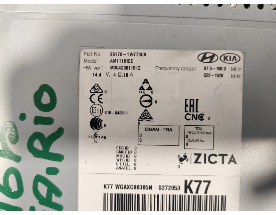 Recambio de sistema audio / radio cd para kia rio 1.2 cat referencia OEM IAM 961701W770CA  61014035