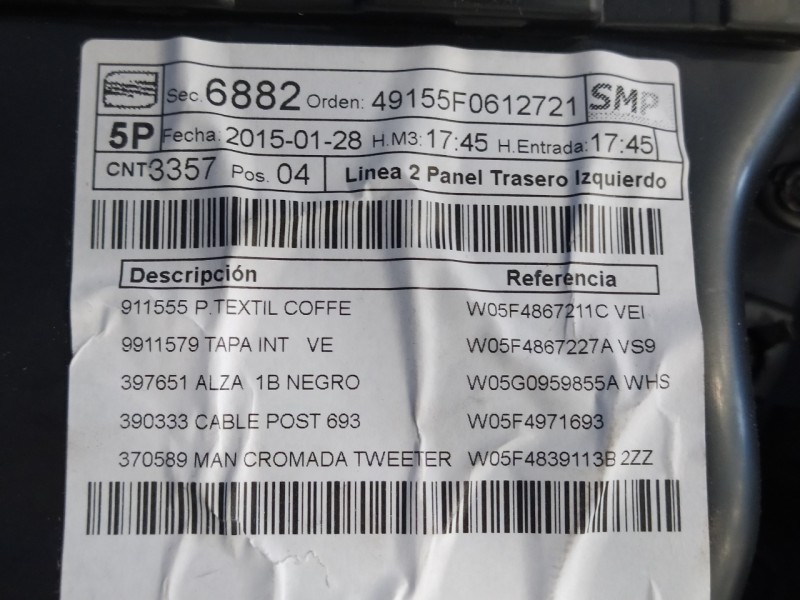Recambio de guarnecido puerta trasera izquierda para seat leon (5f1) 1.6 tdi referencia OEM IAM W05F4867211C W05G0959855A W05F48