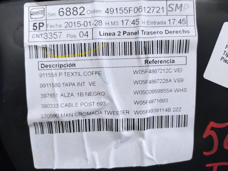 Recambio de guarnecido puerta trasera derecha para seat leon (5f1) 1.6 tdi referencia OEM IAM 5F4867116A W05F4867228A W05F486721