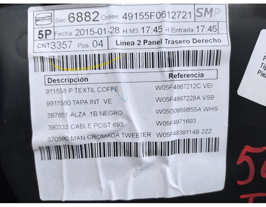 Recambio de guarnecido puerta trasera derecha para seat leon (5f1) 1.6 tdi referencia OEM IAM 5F4867116A W05F4867228A W05F486721