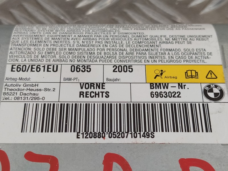 Recambio de airbag lateral delantero derecho para bmw serie 5 berlina (e60) 535d referencia OEM IAM 6963022  601190500C