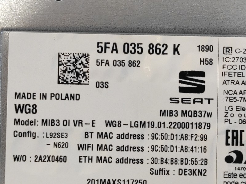 Recambio de sistema navegacion gps para cupra formentor km (fm6) referencia OEM IAM 5FA035862K  MIB3MQB37W